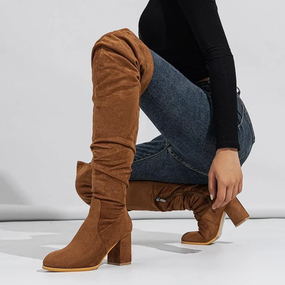 Women Brown Suede Leather Pull On Side Zipper Chunky Block Heel Thigh High Boots
